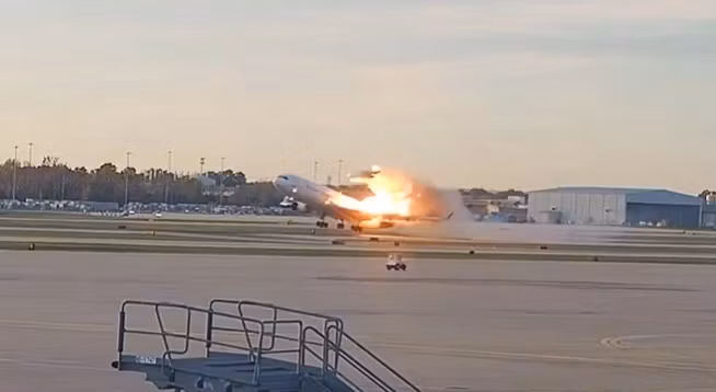 Șoc pe aeroport! Momentul în care motorul unui avion cargo se desprinde chiar în timpul decolării - VIDEO