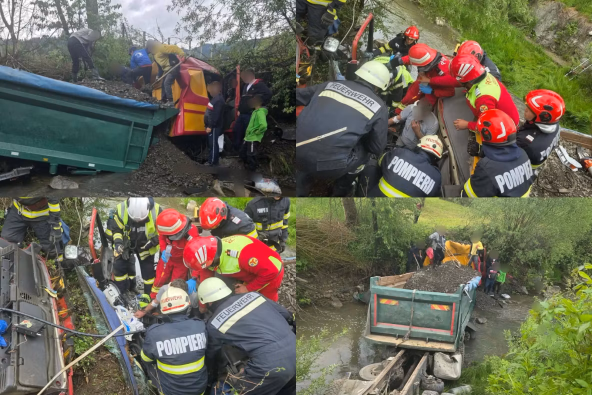 Camion încărcat cu piatră, răsturnat în judeţul Bistriţa-Năsăud. Șoferul a rămas blocat în cabină-FOTO