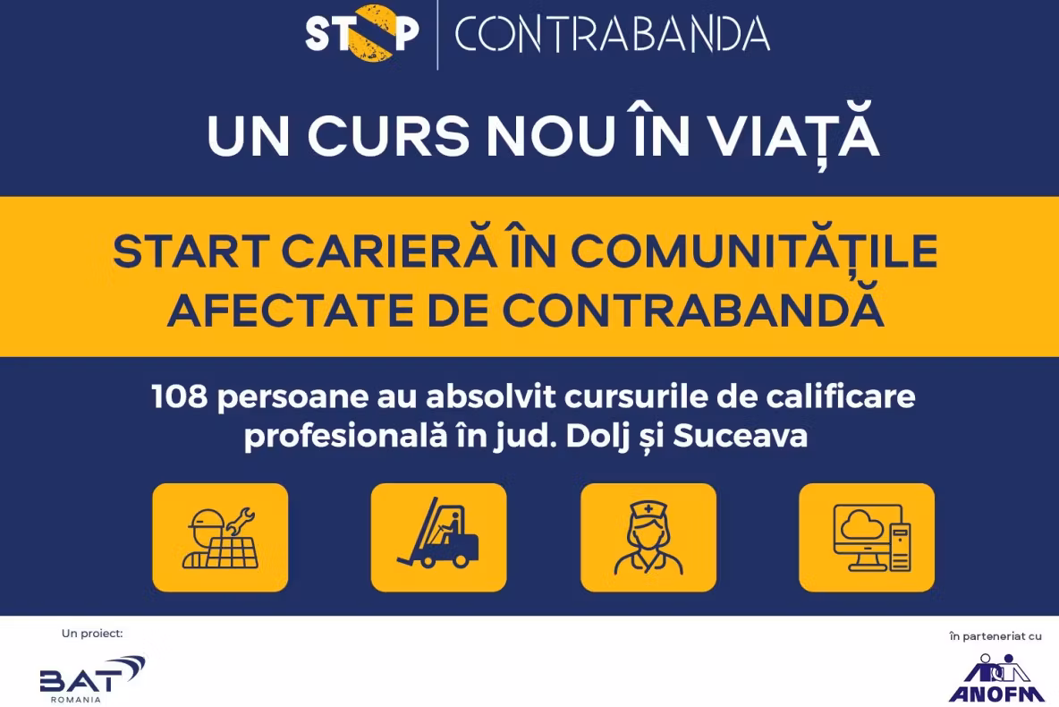 Un curs nou în viață pentru comunitățile vulnerabile: 108 persoane calificate în prima serie a programului ANOFM – BAT România,  dedicat comunităților afectate de contrabandă
