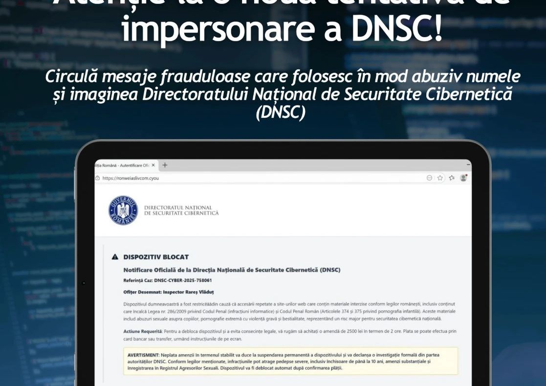 Alertă DNSC: Atenție la mesajele frauduloase care folosesc identitatea instituției