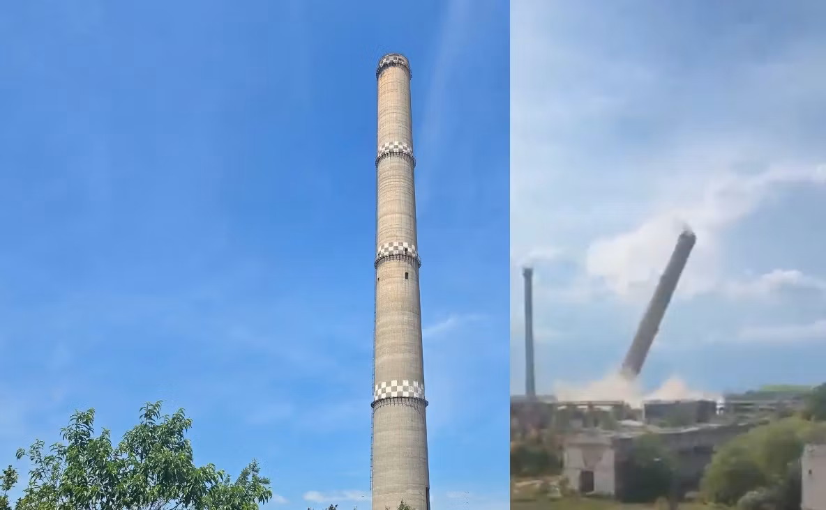 Demolare spectaculoasă la Giurgiu. Turnul fostului CET a fost pus la pământ – VIDEO