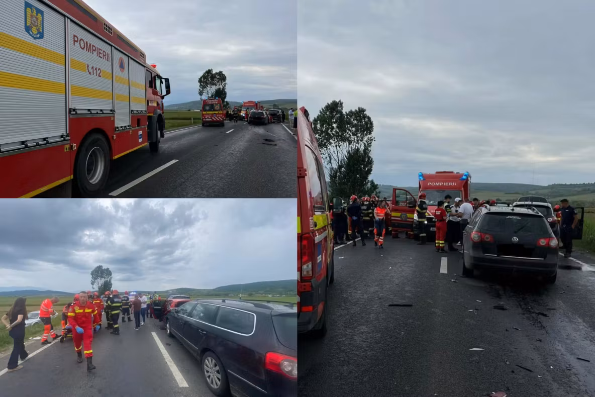 Accident cu 4 mașini și 15 persoane implicate pe DN1, între Bradu și Sibiu. A fost activat Planul Roșu -FOTO