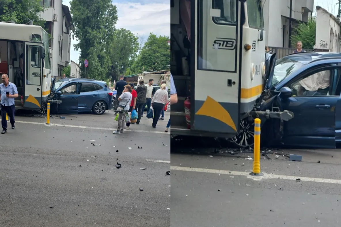 Accident rutier pe Bulevardul Barbu Văcărescu, în București. Coliziune între o mașină și un tramvai