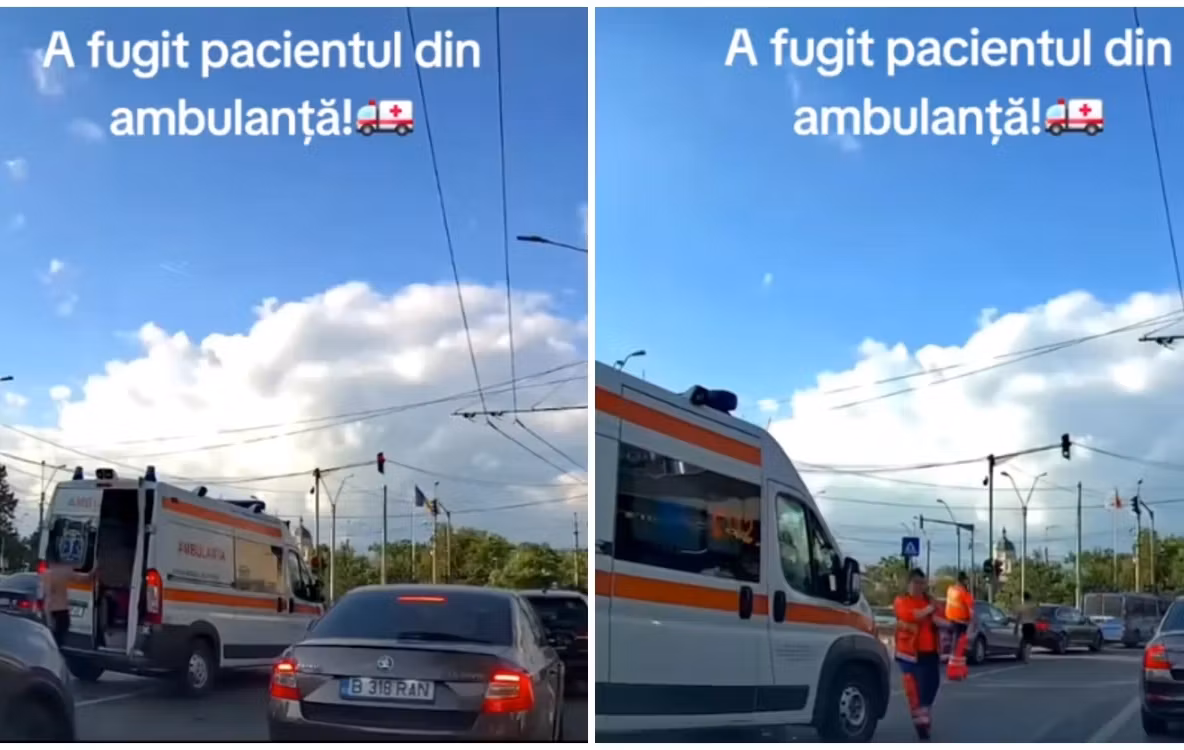 Scene neobișnuite în București: un pacient a coborât din ambulanță în mijlocul traficului și a fost imobilizat de jandarmi