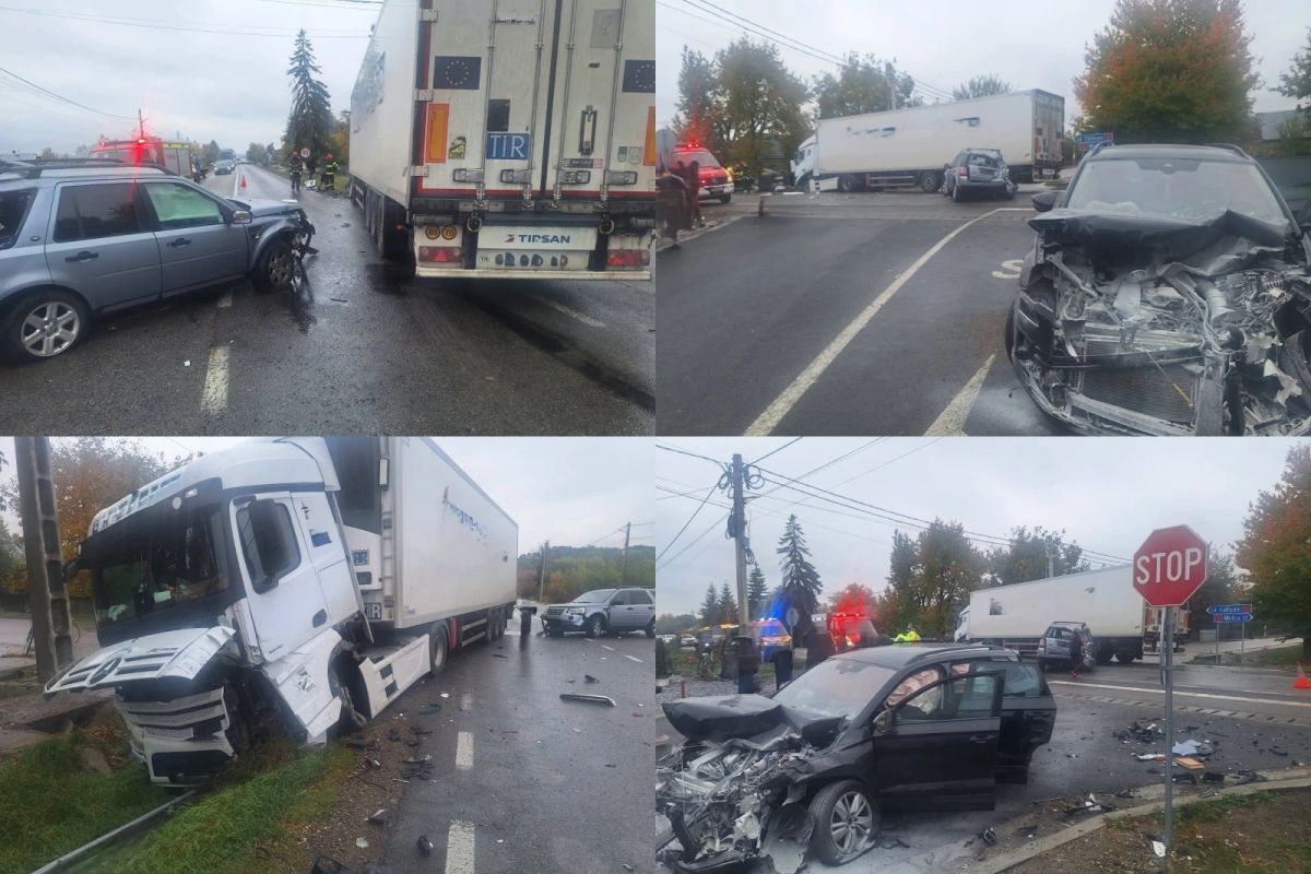 Accident rutier în județul Suceava. Două autoturisme și un TIR s-au ciocnit violent – FOTO