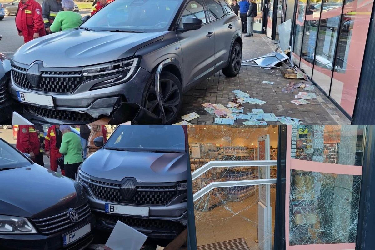 Accident în Voluntari, în incinta unui complex comercial. Trei autoturisme implicate: o mașină a intrat într-un magazin