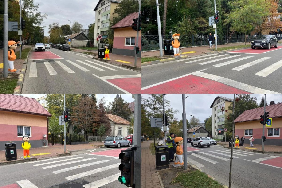 Măsură inedită la Suceava pentru siguranța elevilor. Manechine amplasate în apropierea trecerilor de pietoni de lângă școli -FOTO