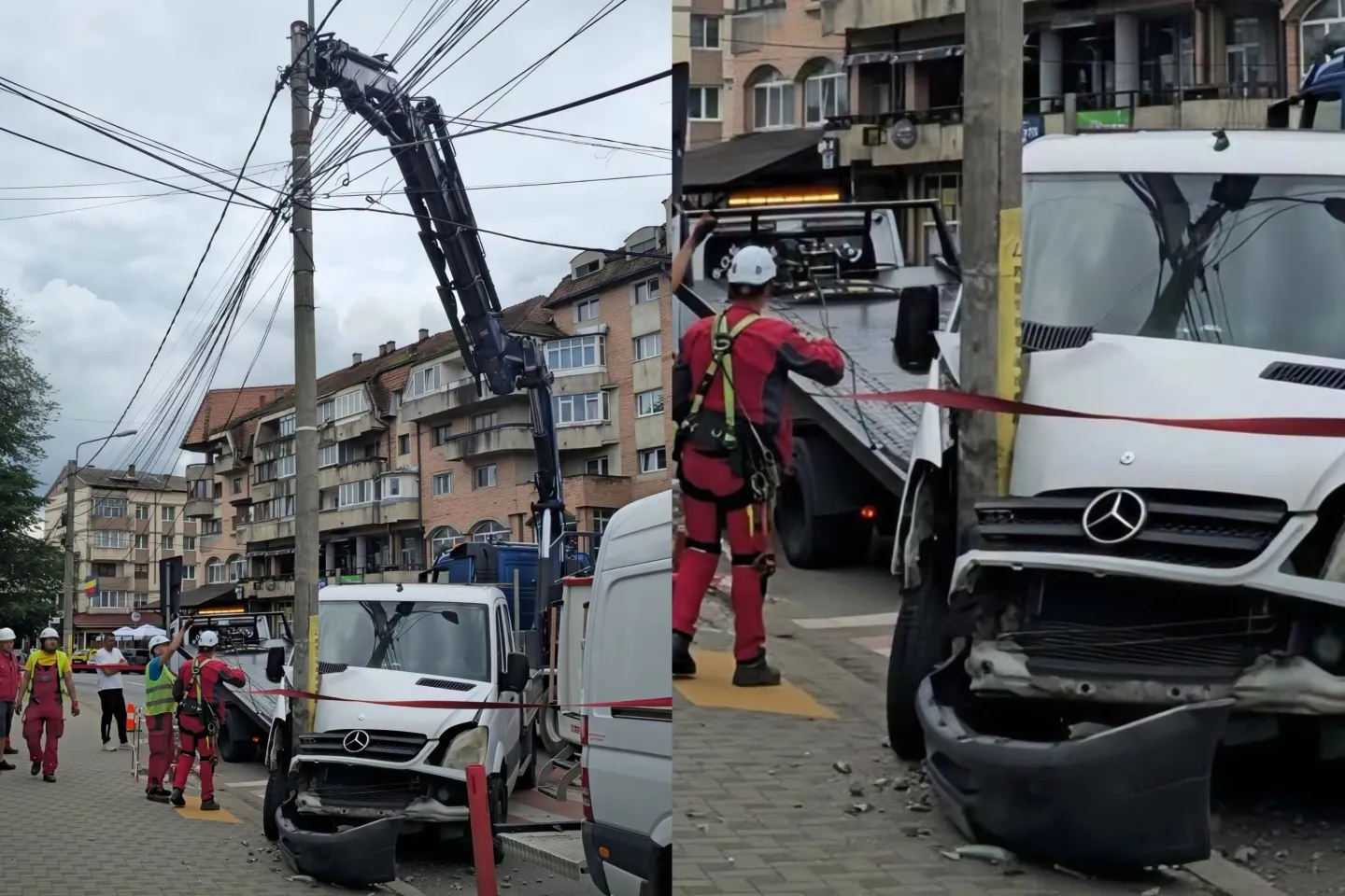 Accident spectaculos la Câmpulung Moldovenesc. O dubiță a distrus un stâlp de beton, iar alimentarea cu energie electrică a fost oprită