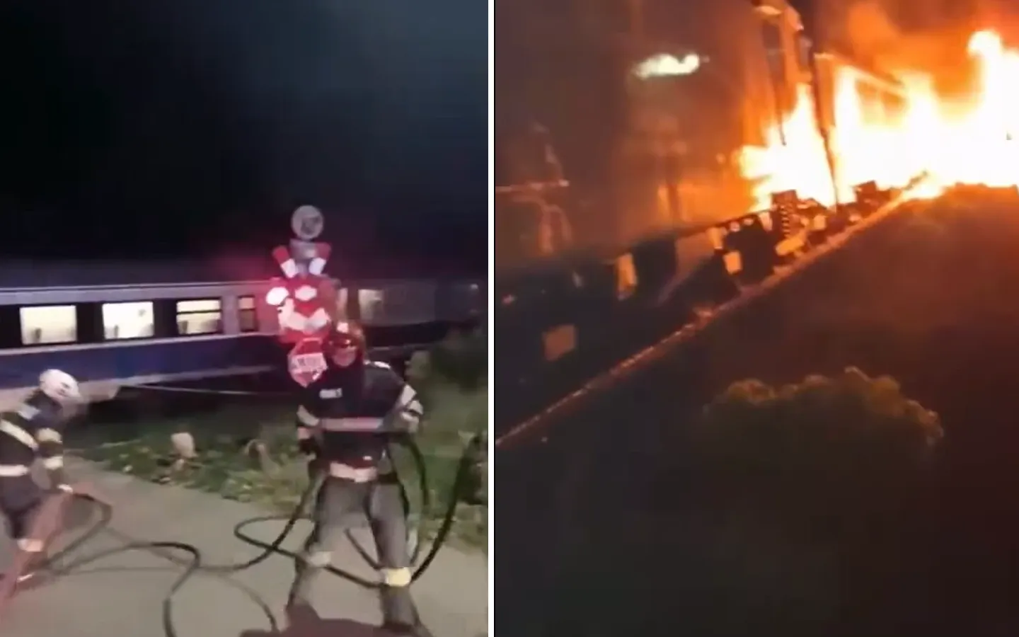 Accident feroviar grav în județul Bacău. Un camion a luat foc după ce a fost lovit de tren, clipe de panică pentru sute de pasageri - VIDEO
