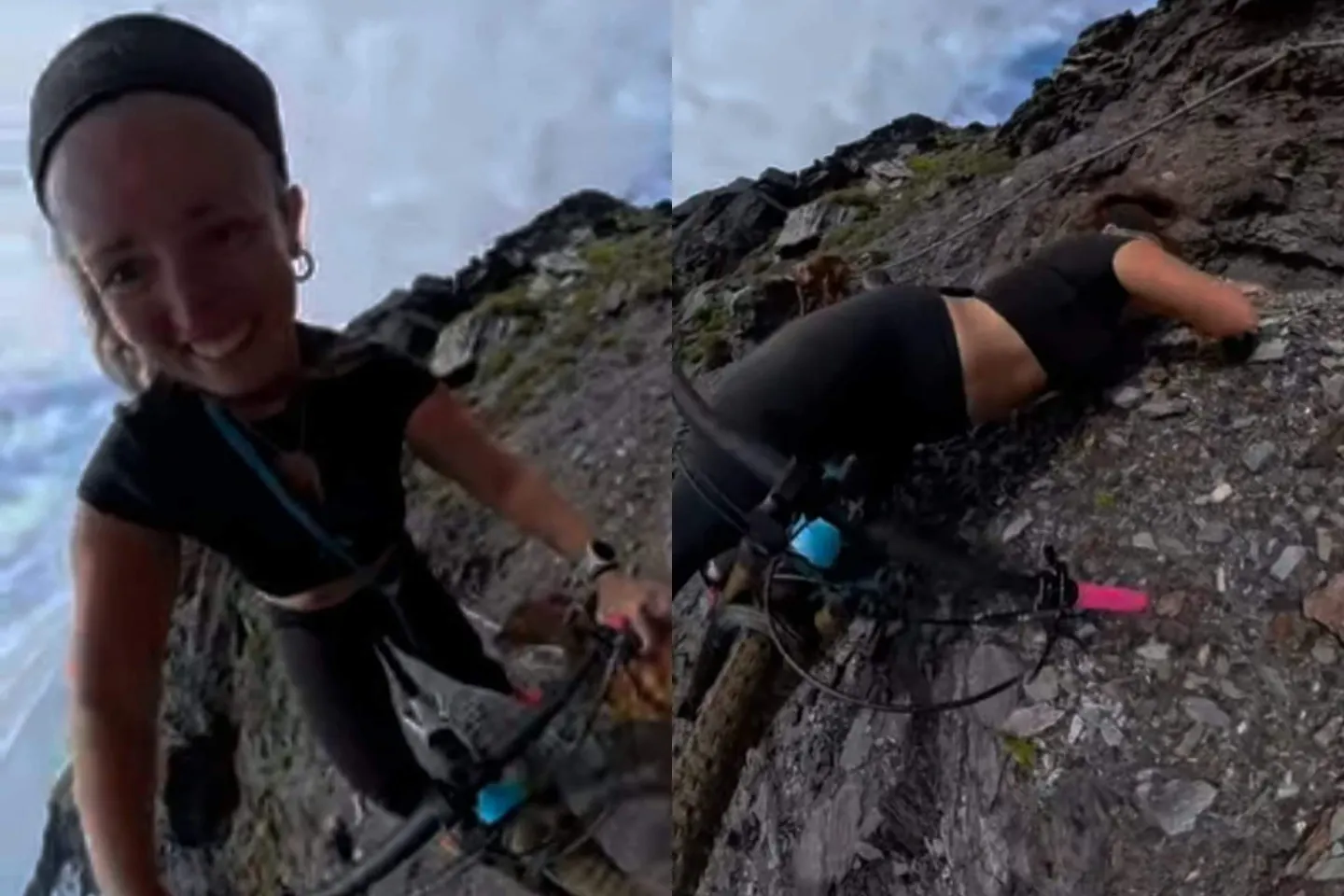 O ciclistă a scăpat ca prin minune după ce a alunecat pe marginea unei stânci. Momentul dramatic a devenit viral - VIDEO