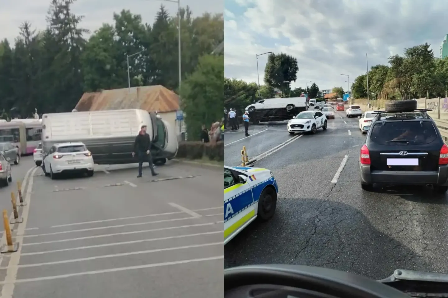  Accident grav în Cluj-Napoca. O dubă s-a răsturnat peste o mașină -FOTO