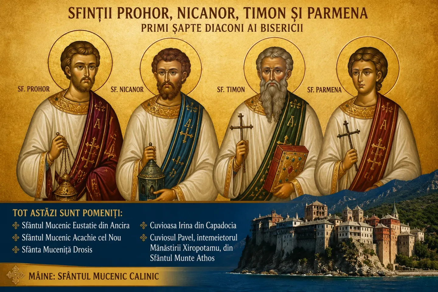Sărbătoarea zilei 28 iulie: Sfinții Prohor, Nicanor, Timon și Parmena, pomeniți astăzi în calendarul ortodox