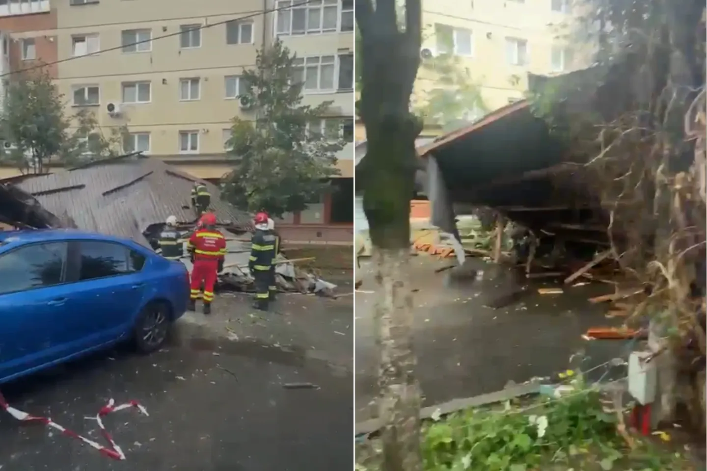 Furtună puternică în Sibiu.Vântul a smuls acoperișul unui bloc și l-a aruncat peste mai multe mașini-VIDEO