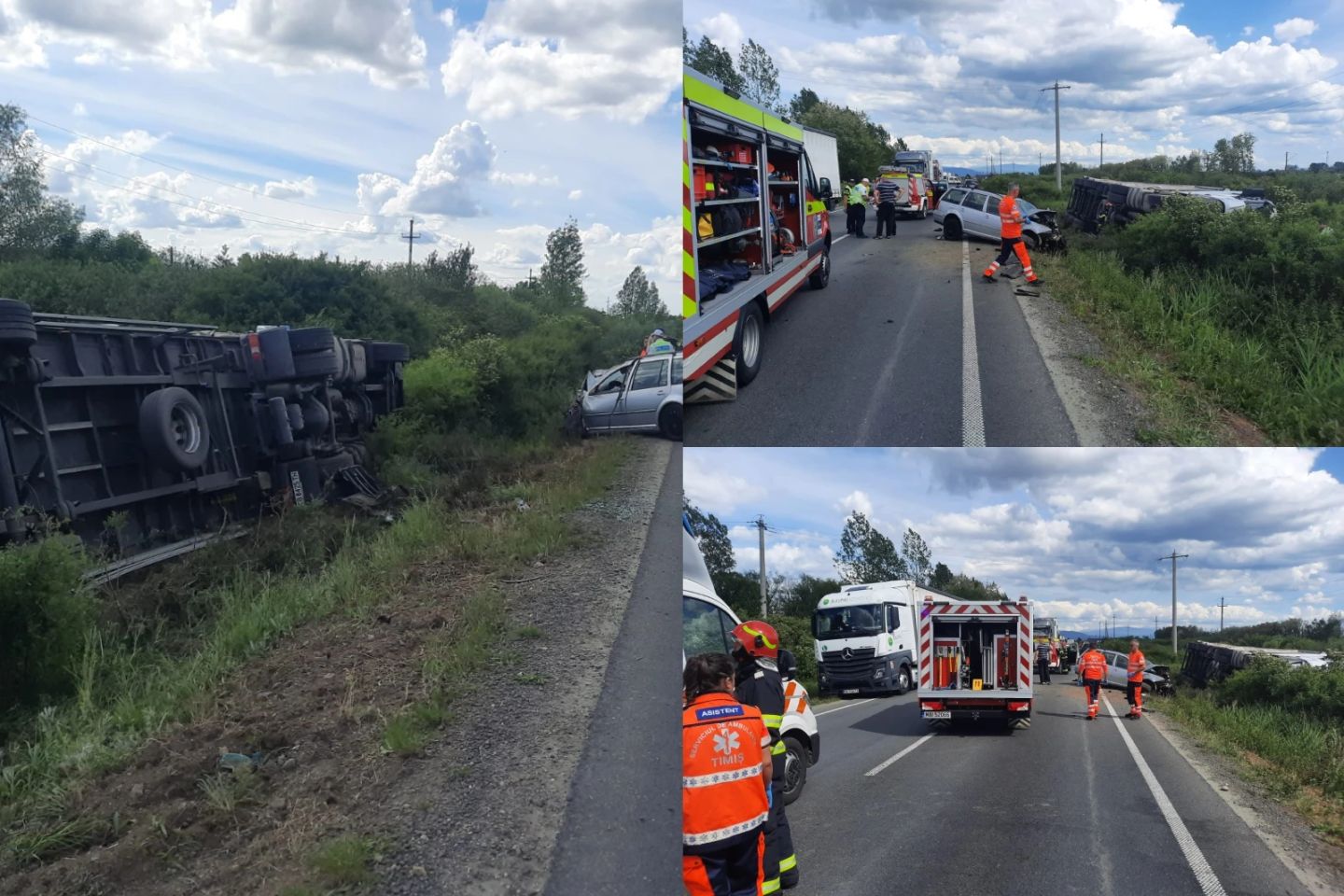 Un bărbat a murit pe loc, după ce mașina în care se afla a fost lovită în plin de un TIR, în Timiș. Victima a fost proiectată din mașină-FOTO