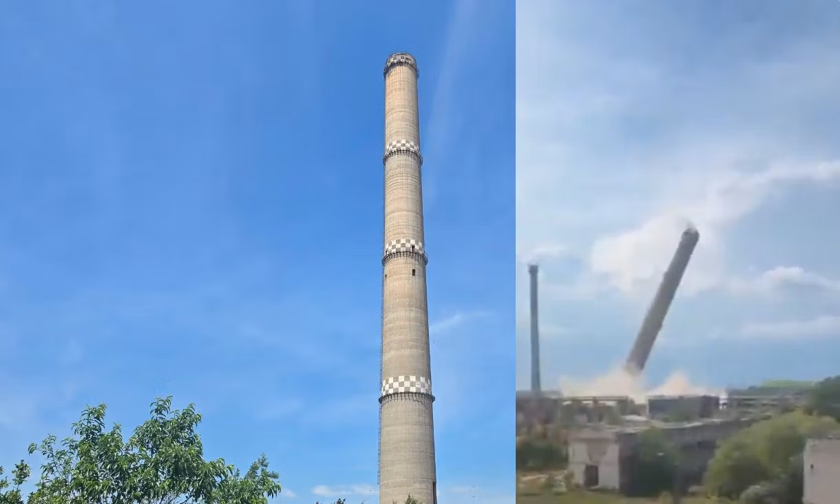 Demolare spectaculoasă la Giurgiu. Turnul fostului CET a fost pus la pământ – VIDEO