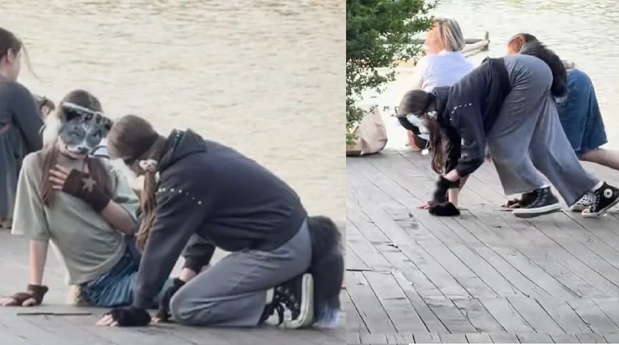 Scene halucinante la Cluj: două tinere în costume de animale, filmate „în patru labe” în parc. Internetul a luat foc. VIDEO