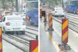 Să vezi și să nu crezi! Un șofer a rămas blocat în beton pe linia de tramvai, după ce a încercat să evite coloana din trafic 