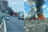 Trafic restricționat pe Autostrada A3 după ce un TIR a lovit glisiera și a luat foc. Circulația spre Brașov este oprită