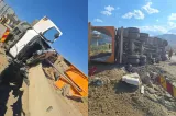 Autocamion încărcat cu pământ, răsturnat pe Valea Oltului, în județul Sibiu. Traficul se desfășoară pe un singur fir - FOTO