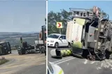 Accident spectaculos în Banat. O combină agricolă s-a răsturnat de pe remorcă în mijlocul șoselei