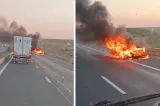 Flăcări uriașe și fum negru pe A1: un autoturism a luat foc în mers. Circulația, redirecționată