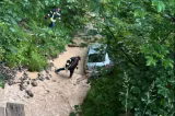 Incident grav în județul Suceava. Mașină răsturnată în albia pârâului Dobra, la volan se afla o femeie fără permis
