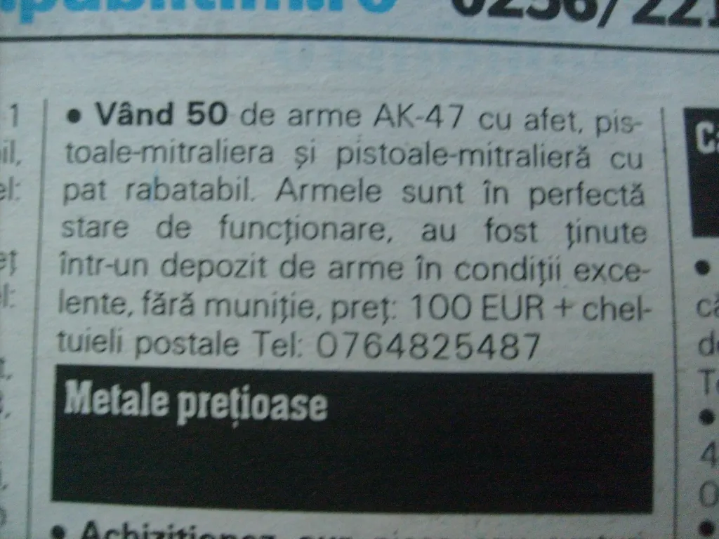 Un anunţ pe internet - arme de vânzare