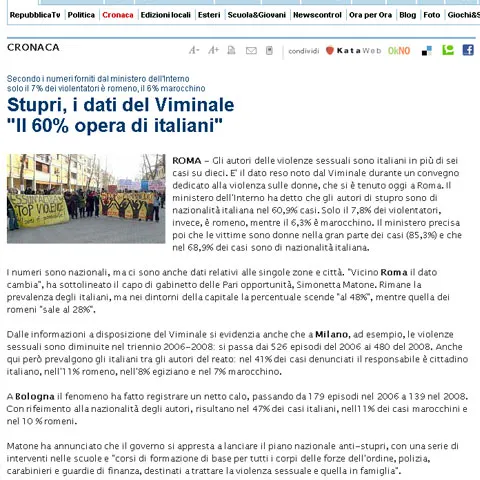 Italienii comit 60% din violurile din Peninsulă, românii numai 7,8%