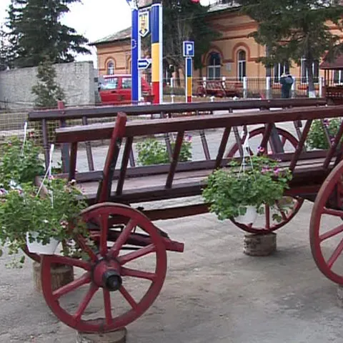 Căruţe vechi, împodobite cu flori sunt expuse pe uliţele din Brădeanu