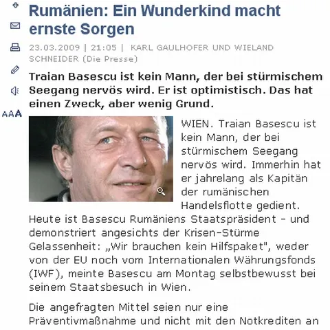 Căpitanul Băsescu nu a convins Viena că România nu e în ape învolburate, comentează presa austriacă