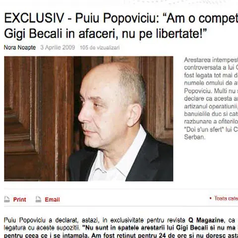 Puiu Popoviciu dezminte speculaţiile potrivit cărora s-ar afla în spatele arestării lui Gigi Becali