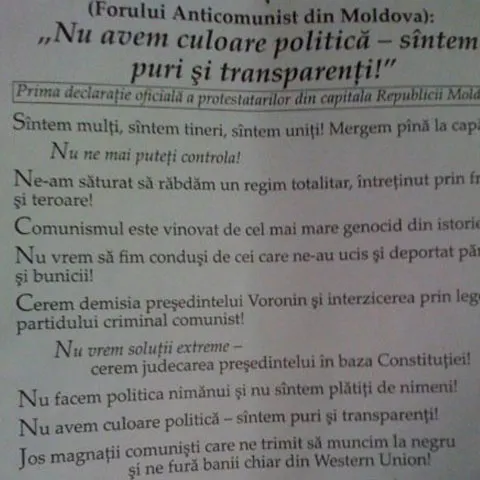 Prima declaraţie oficială a protestatarilor de la Chişinău