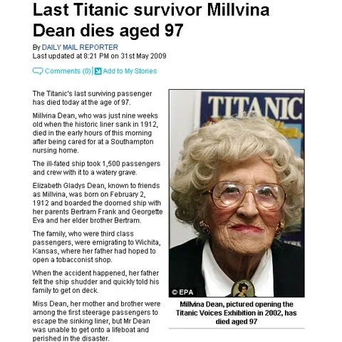 Ultima supravieţuitoare de pe Titanic a murit 