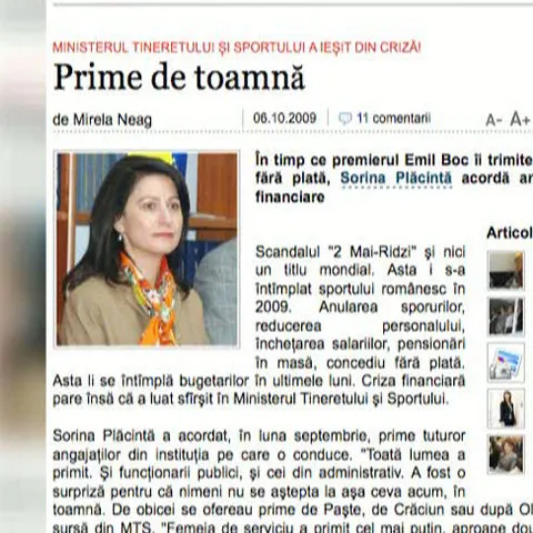 Nouă directori din Ministerul Tineretului şi Sportului au luat prime cuprinse între 150 şi 5.000 de lei