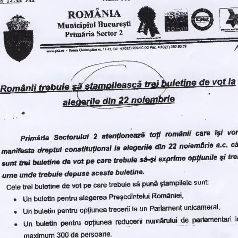 Primăria Sectorului 2: Românii trebuie "să ştampilească" trei buletine de vot pe 22 noiembrie