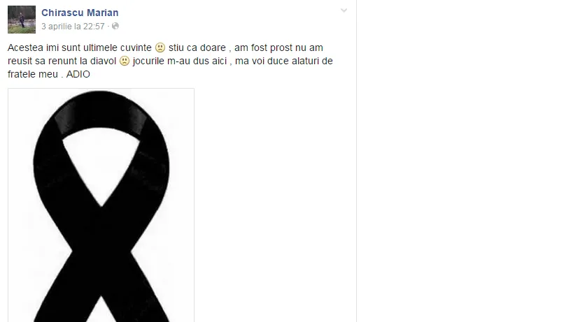 Și-a anunțat sinuciderea pe facebook, apoi s-a spânzurat cu un cordon, în locuință