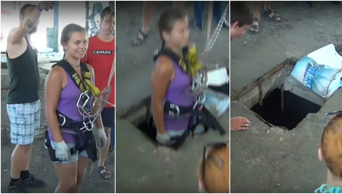 VIDEO șocant: Legată cu o coardă, se aruncă prin gaura din planșeu și dispare. Ce urmează