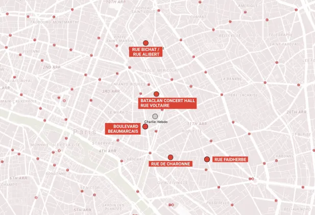 Hartă. Legătura dintre atacul de la sala de concerte Bataclan și cel de la Charile Hebdo