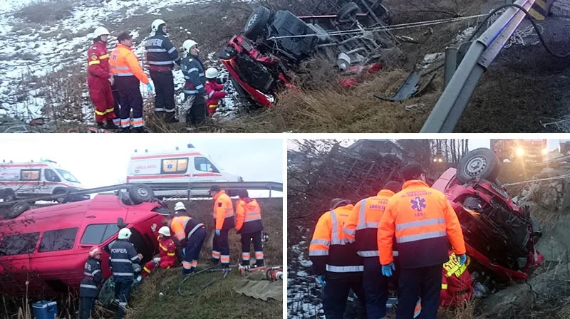 Accident grav. Un microbuz s-a răsturnat pe DN28 A. Mai multe persoane, rănite