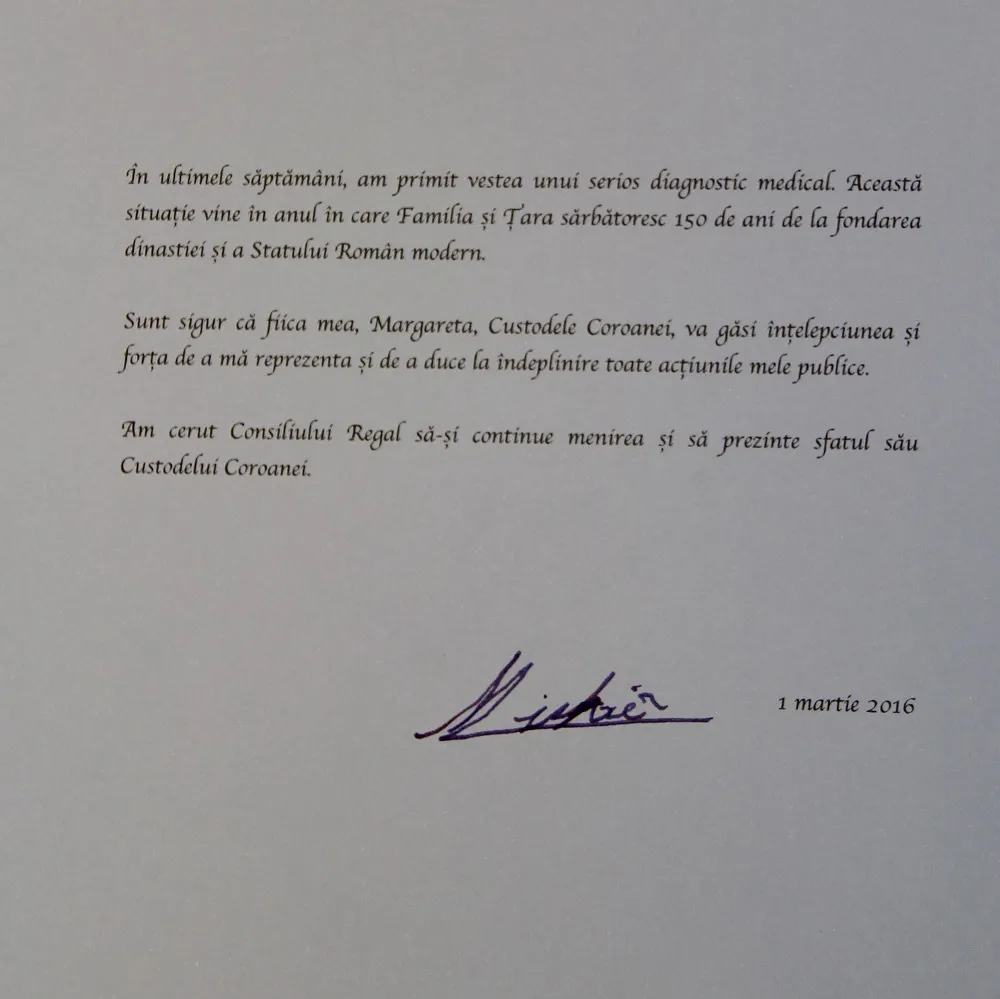 DOCUMENT. Mesajul Regelui Mihai. Cum şi-a argumentat retragerea