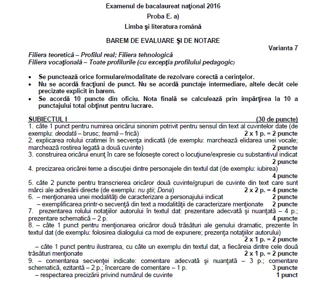 BAREM Română Bacalaureat 2016. Baremul de corectare la ROMÂNĂ, publicat pe EDU.ro. FOTO