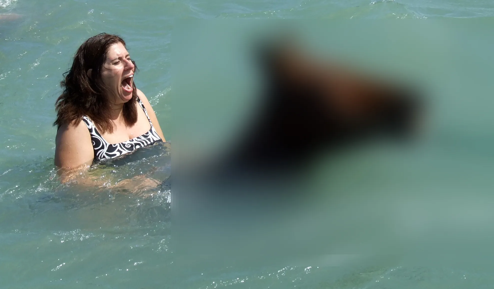 Această doamnă n-are ruşine.Cum a intrat în apă, la mare.Copiii au fugit din faţa ei.A venit poliţia