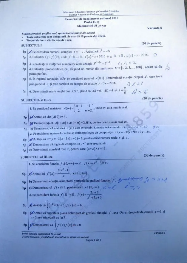 Subiecte BAC M2 Stiintele naturii. Consultă AICI subiectele la MATEMATICĂ M2 BAC 2016