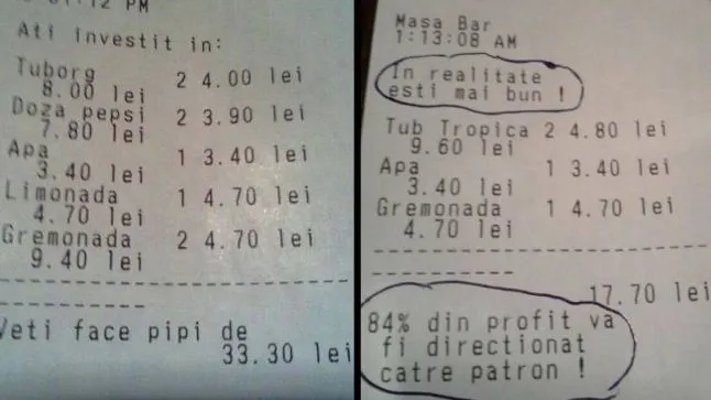 Bonurile fiscale dintr-un bar au devenit virale pe internet. "Primele trei produse sunt..."