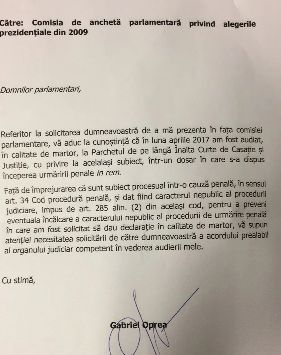 Gabriel Oprea refuză să vină la audierile de la Comisia de anchetă a alegerilor prezidenţiale