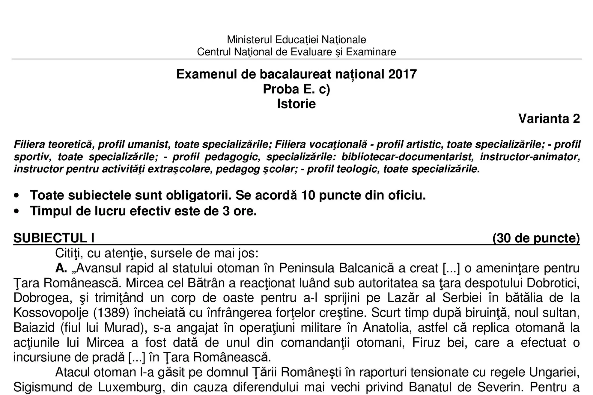 Subiecte şi Barem ISTORIE BAC 2017