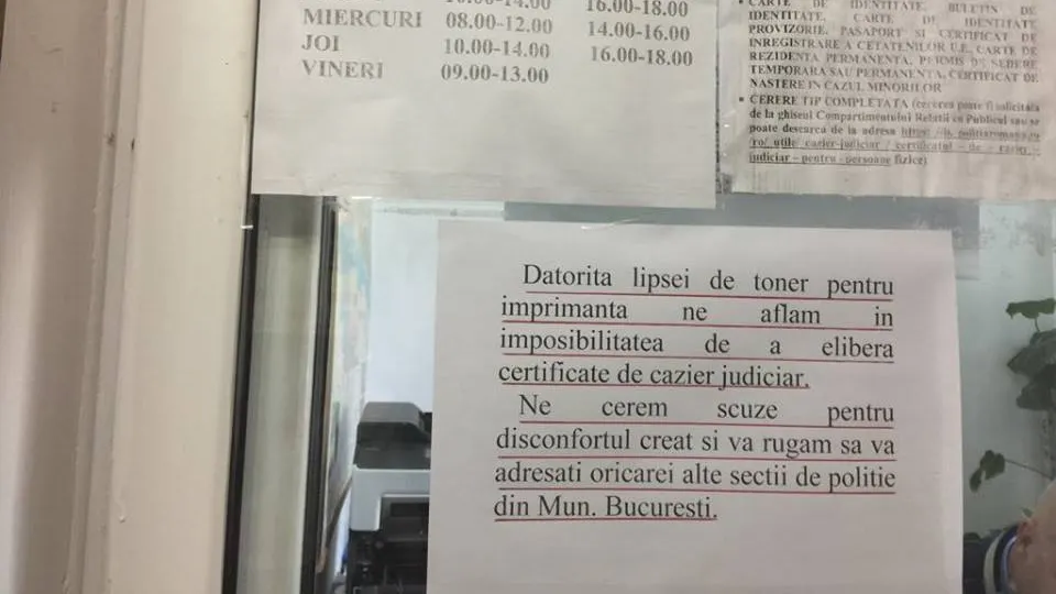 Nu eliberăm caziere... pentru că nu avem cerneală la imprimantă!