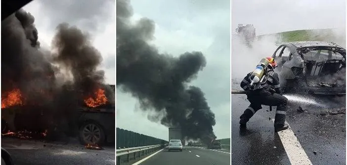 Maşină în flăcări pe autostrada Timişoara-Lugoj, fumul s-a văzut de la câţiva kilometri (VIDEO)