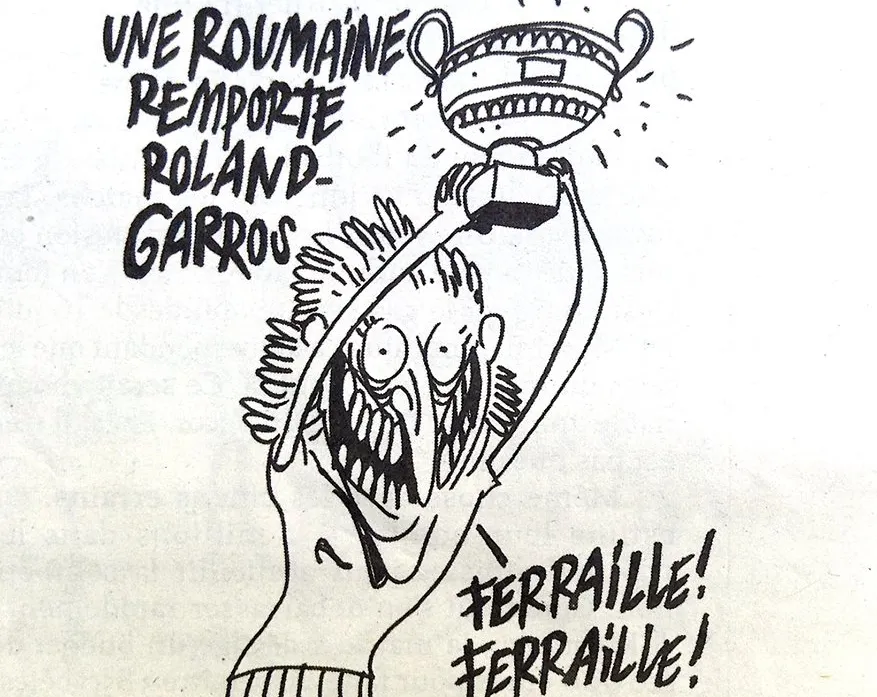 Caricatură în Charlie Hebdo. O româncă triumfă la Roland Garros. Halep: ”Fier vechi, fier vechi!”