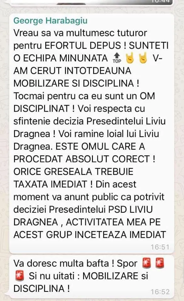 Ultimul mesaj pe care l-a postat George Harabagiu pe grupul comuncatorilor PSD, după concediere